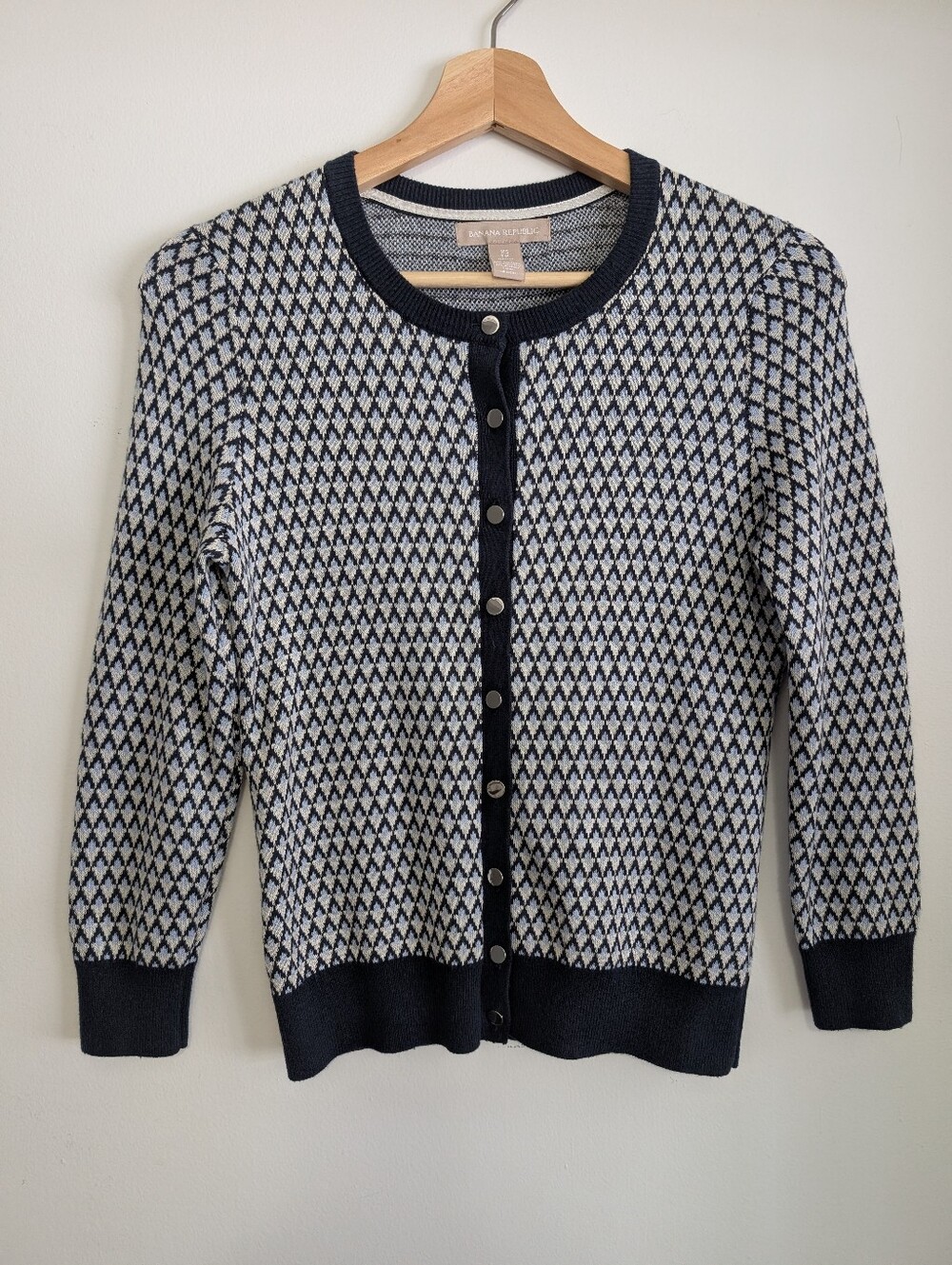 Banana Republic XS Silk Blend Cardigan Preppy Navy Blue Diamond Knit Sweater
